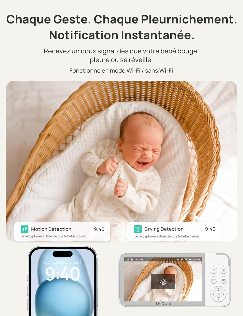 VistaView 5” Moniteur Bébé WiFi avec Support Clip - Caméra 2K HD, Contrôle Via Application