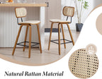 Tabourets de bar en rotin et bois - ensemble de deux pièces, avec coussins en cuir PU, beige