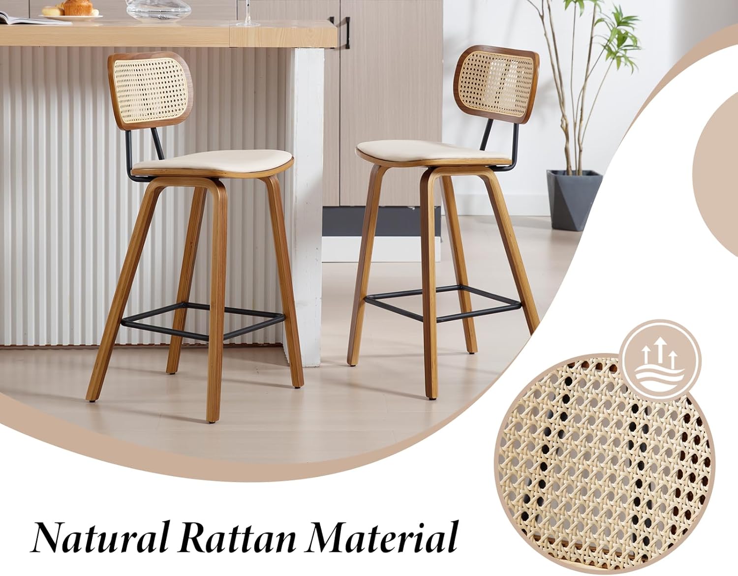 Tabourets de bar en rotin et bois - ensemble de deux pièces, avec coussins en cuir PU, beige