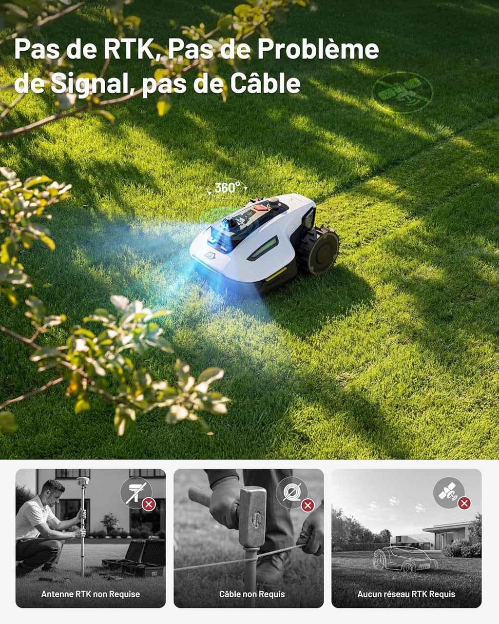 YUKA Mini 2 800 LiDAR Robot Tondeuse sans Fil Périmétrique - caméra avec Pilotage par IA