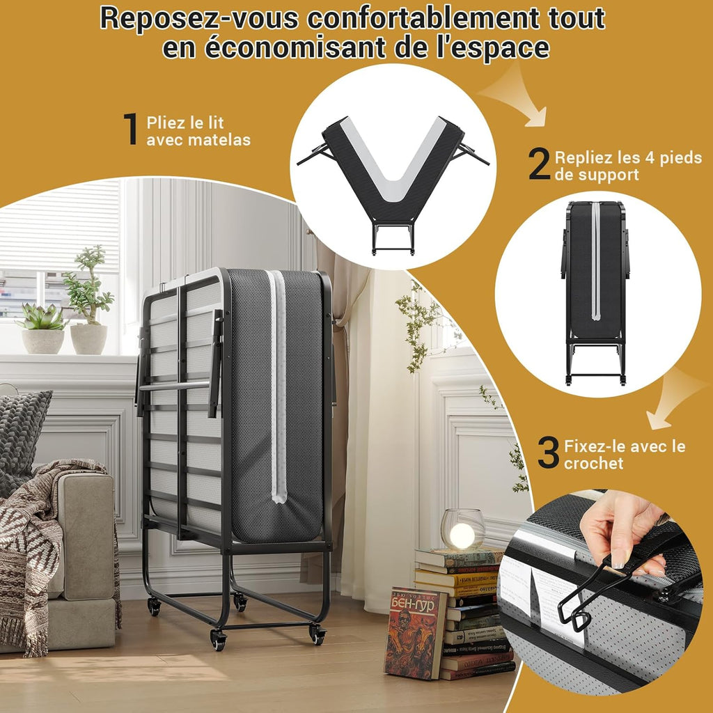 Lit Pliant 1 Personne 90x200 cm avec Matelas et 4 roulettes, Noir