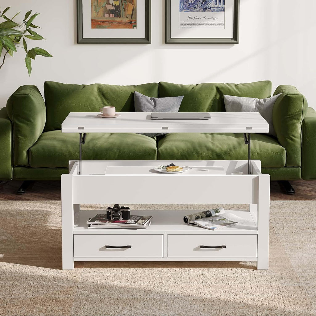 Table Basse Relevable et Extensible en Bois – avec Tiroir, Rangement Caché et Compartiment Ouvert