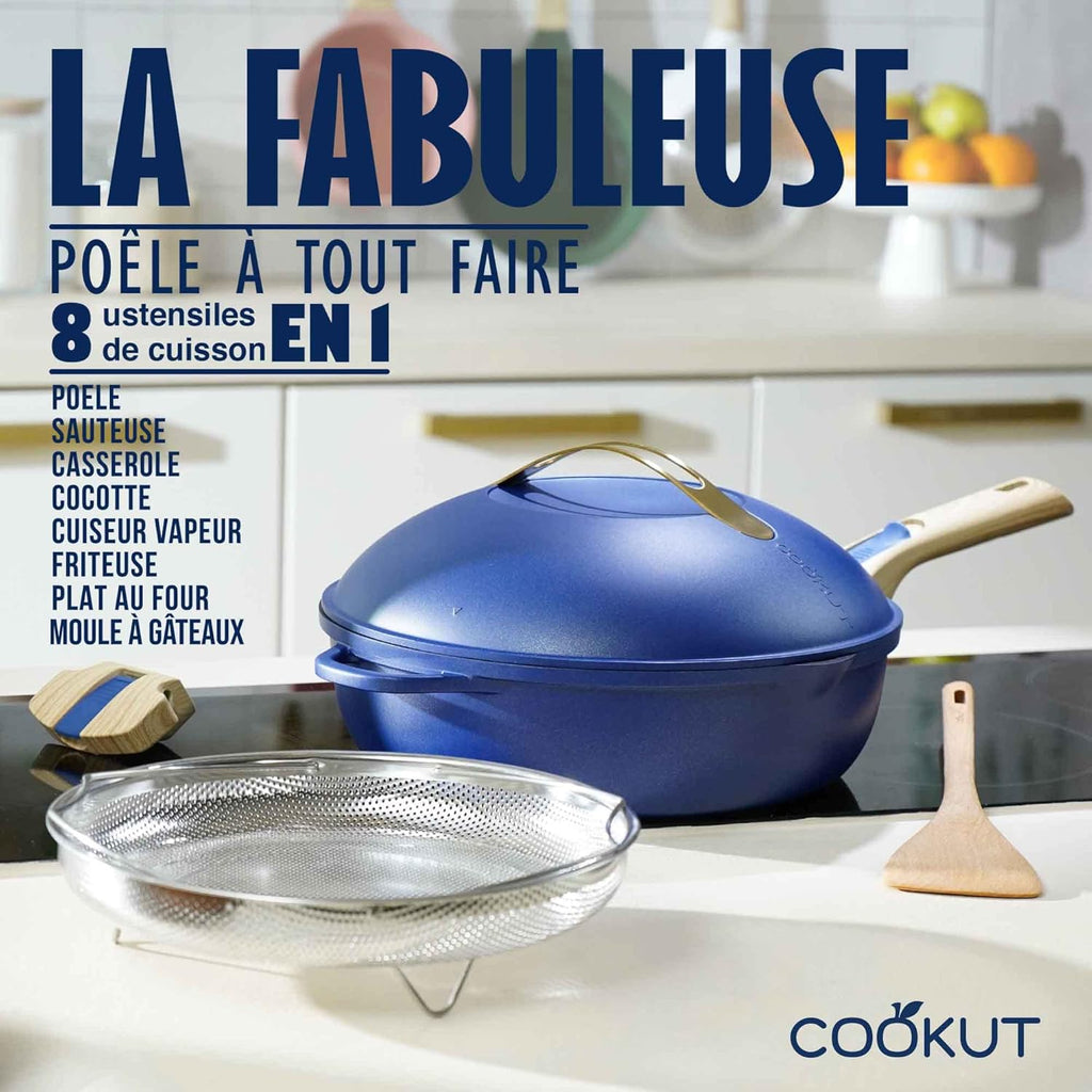 La Fabuleuse poêle 8 en 1 - Avec 2 poignées amovibles, panier vapeur/friture - SAPHIR