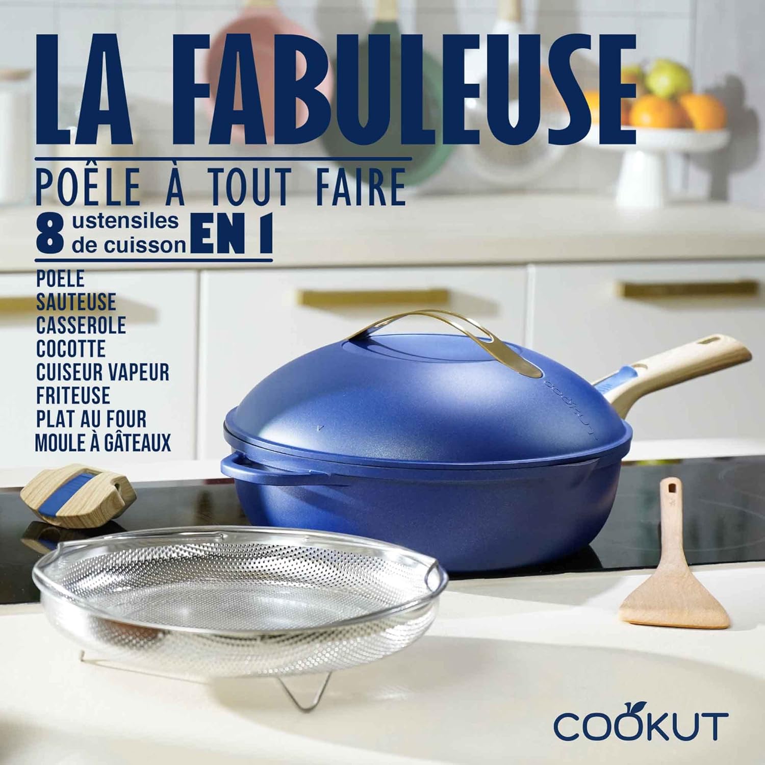 La Fabuleuse poêle 8 en 1 - Avec 2 poignées amovibles, panier vapeur/friture - SAPHIR