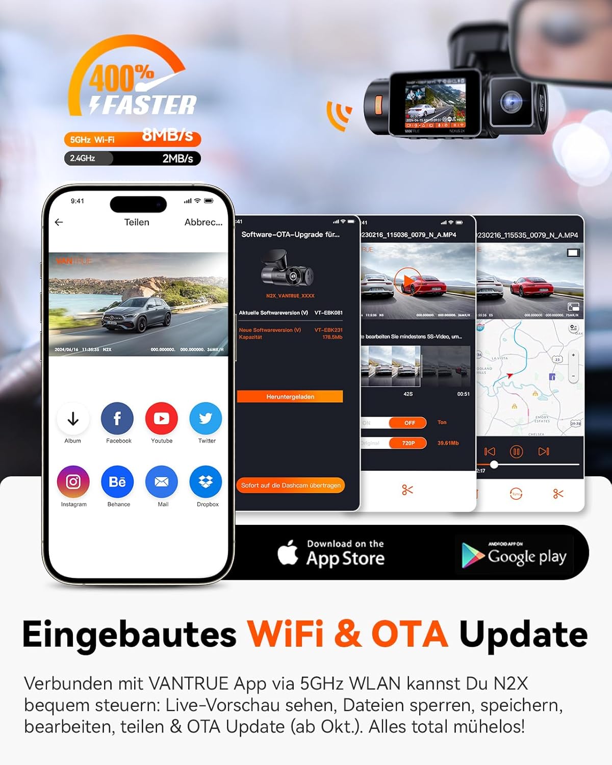 N2X 2.7K+1080P Dashcam Voiture Avant Intérieur, Support LTE, 5GHz WiFi GPS, APP & Commande Vocale