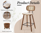 Tabourets de bar en rotin et bois - ensemble de deux pièces, avec coussins en cuir PU, beige