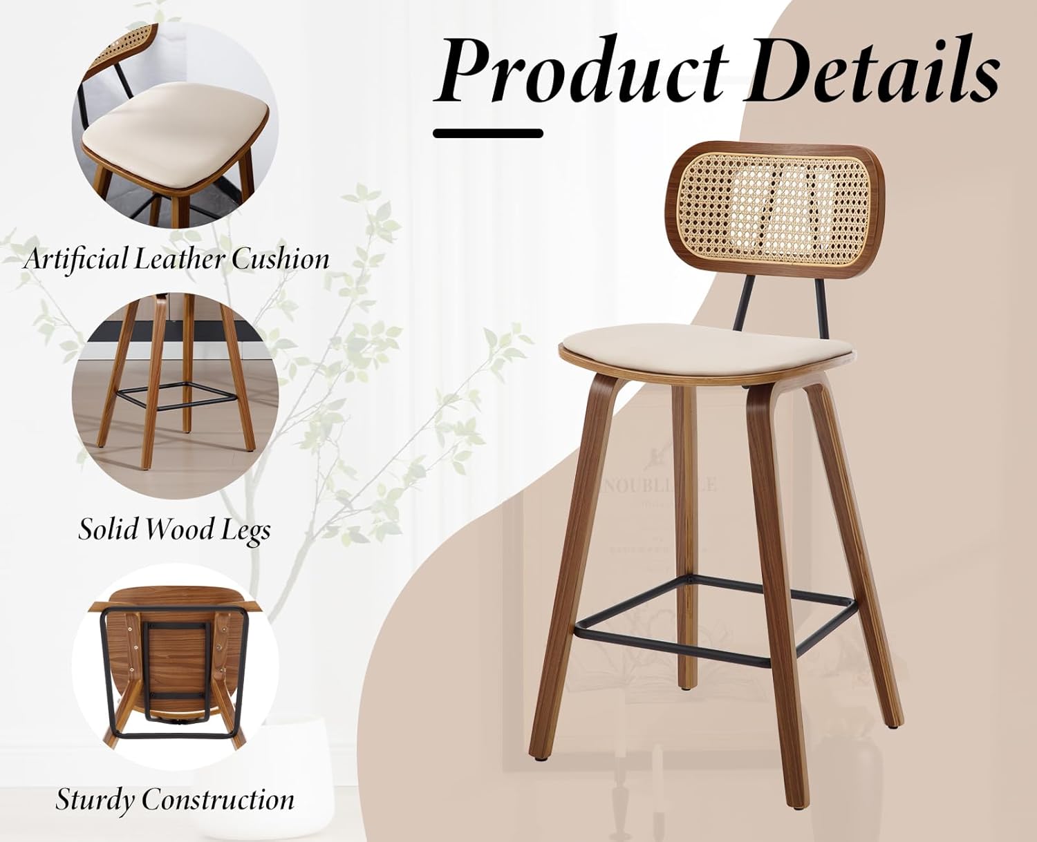 Tabourets de bar en rotin et bois - ensemble de deux pièces, avec coussins en cuir PU, beige