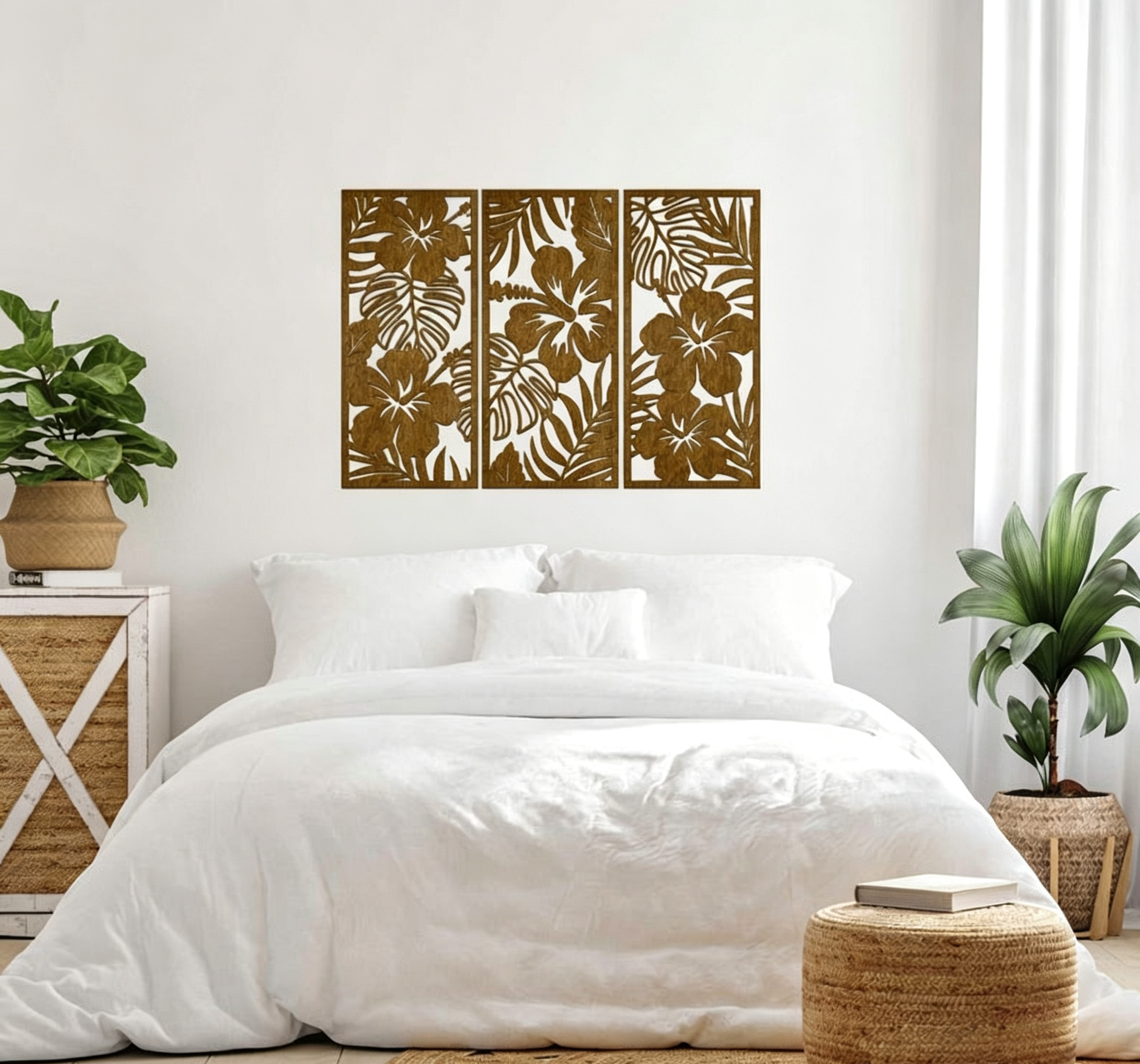 Lot de 3 Hibiscus Art Mural en Bois, Feuilles Tropicales Bouleau, Déco Bohème Hawaii Salon