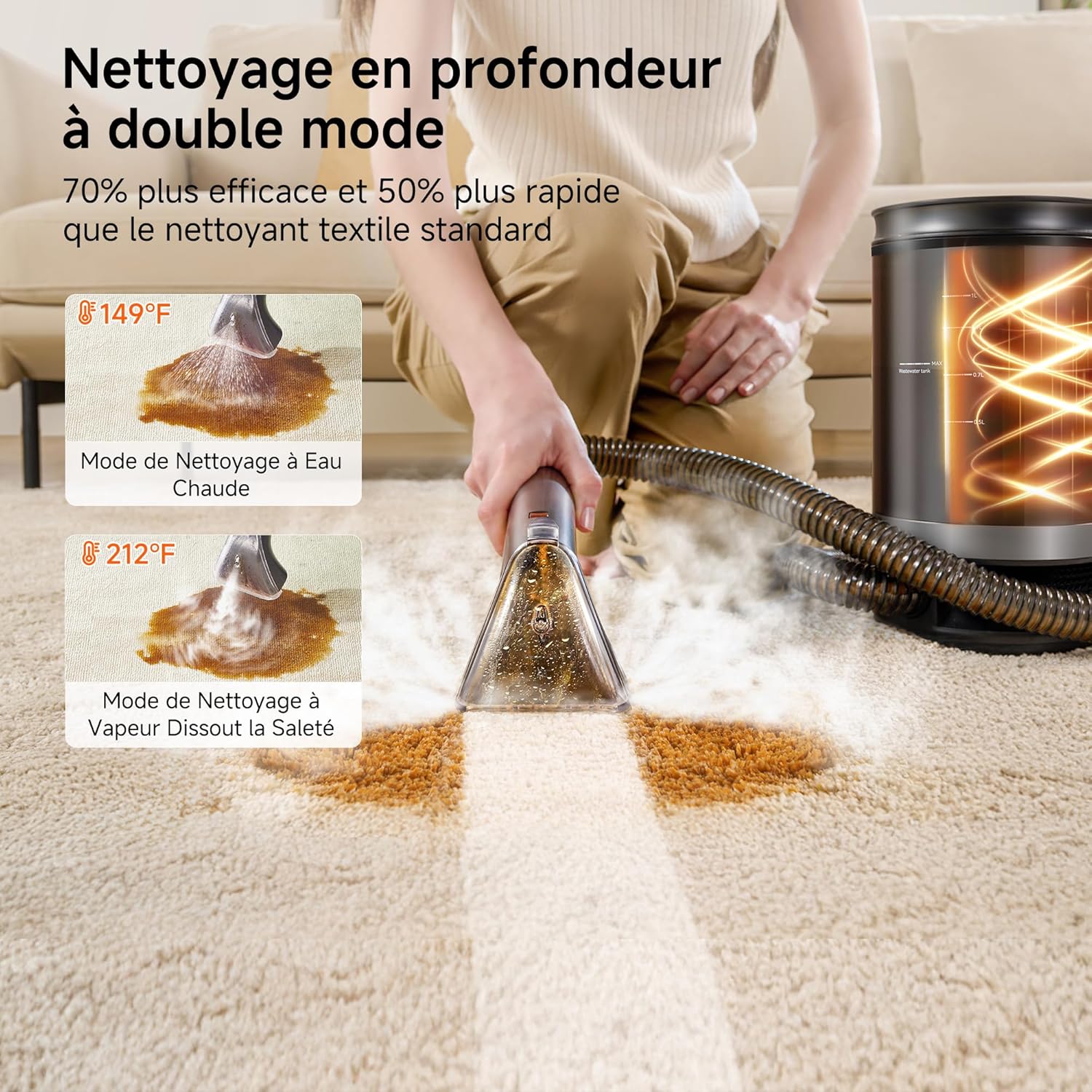B400 Vapeur et Chauffage Shampouineuse Canapé Professionnel，Aspiration Puissante 18Kpa avec 4 Accessoires