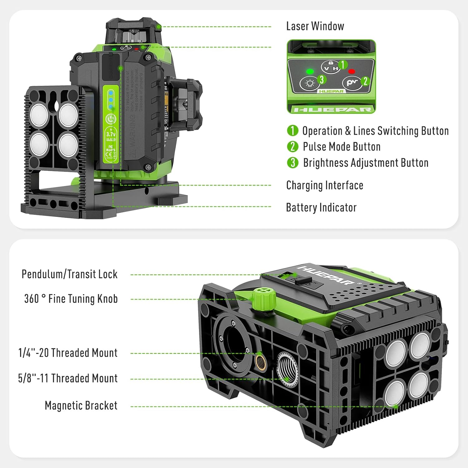 Niveau Laser 360 Vert 3D Auto-Nivelant Laser 12 Lignes Croisé avec Luminosité Réglable Laser et Mode Impulsion