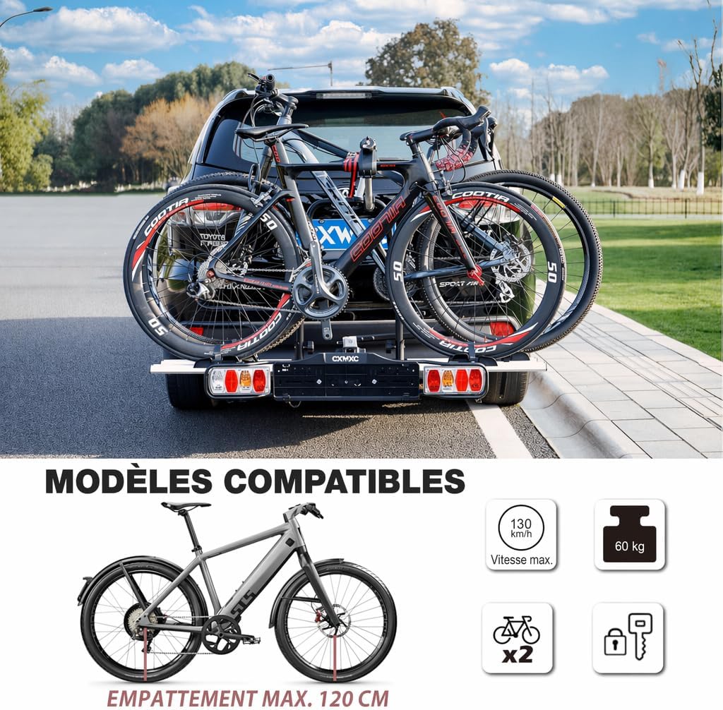 Porte-vélos électrique CXWXC avec crochet de remorquage et feu arrière