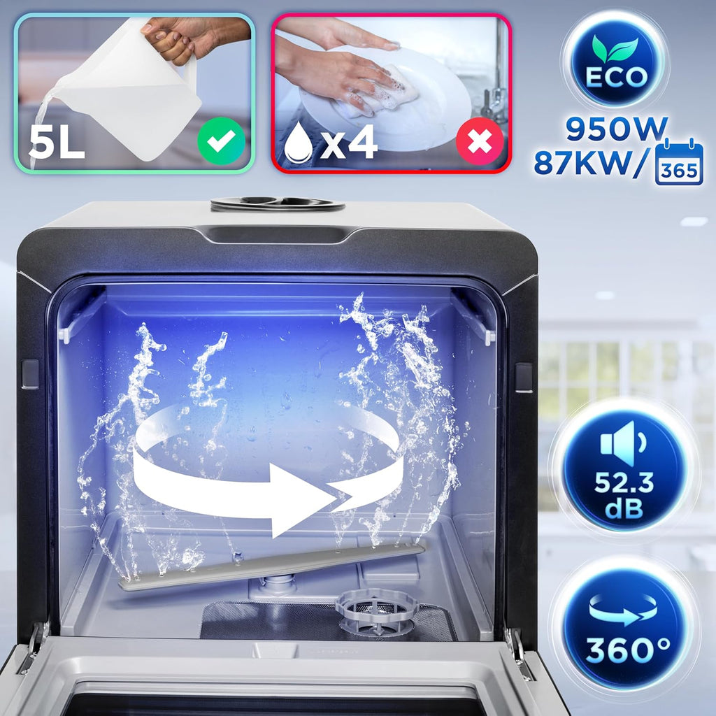DW5 BK Lave-vaisselle de table 950W lave vaisselle posable, 7 programmes de lavage, séchage efficace