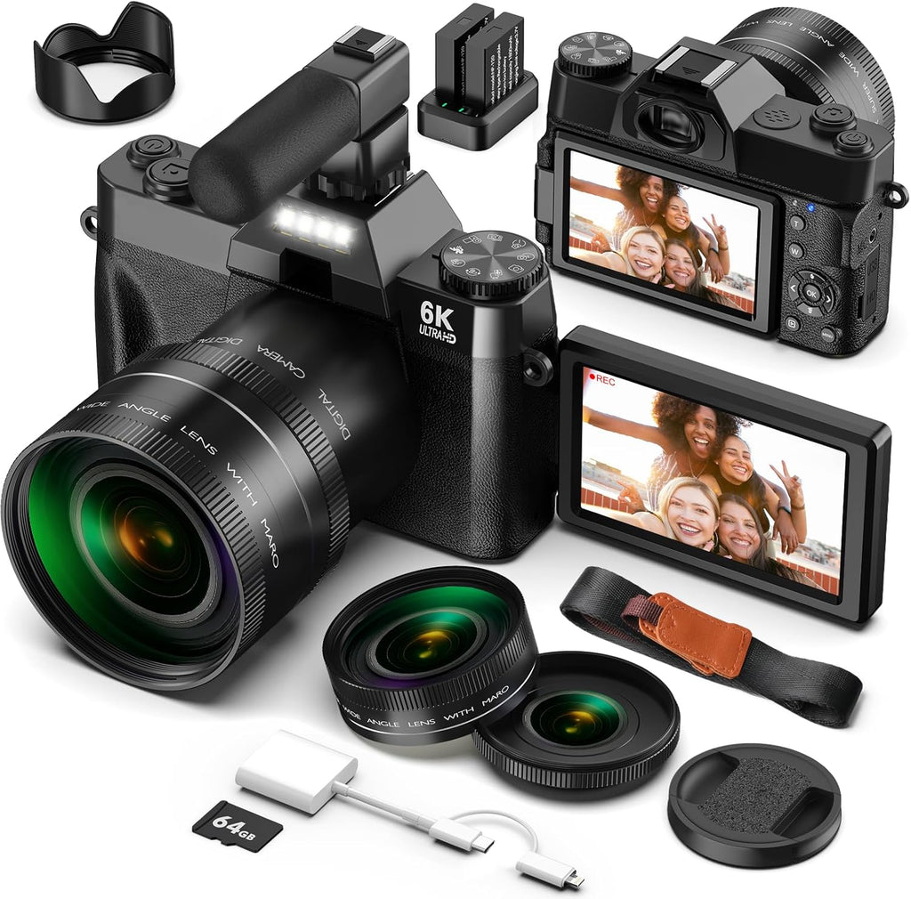 Appareil Photo Numérique 6K 64MP avec WiFi, Carte TF 64 Go, Microphone, Autofocus
