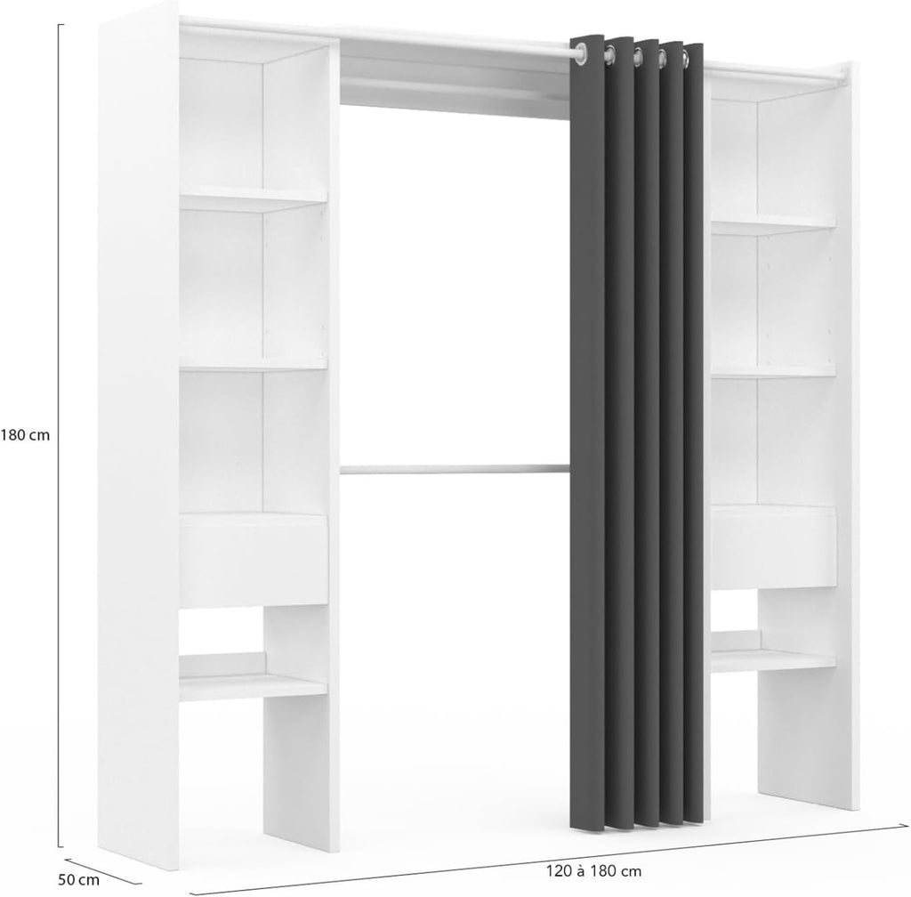 Dressing extensible double MERYL 120/180 x 50 x 180 cm, avec étagères + double penderie