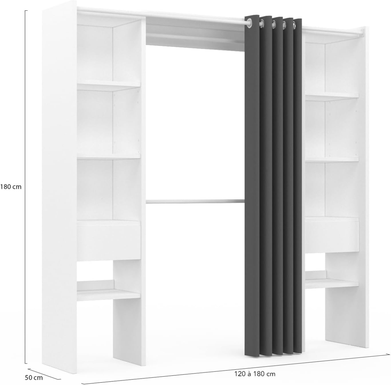 Dressing extensible double MERYL 120/180 x 50 x 180 cm, avec étagères + double penderie