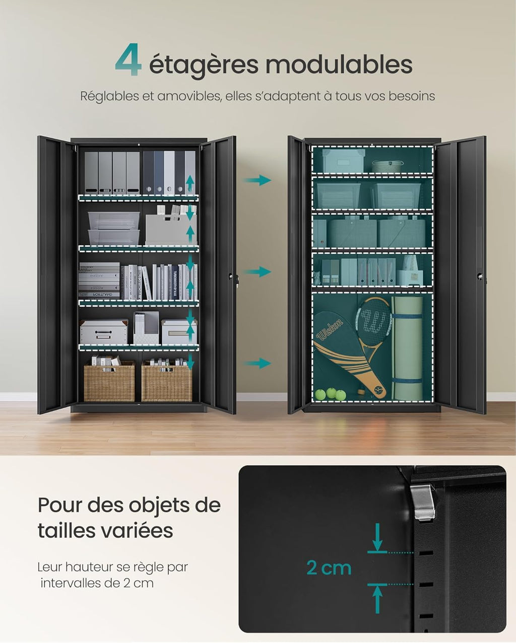 Meuble de Rangement Bureau, 5 Niveaux, Doubles Portes, Serrure, OMC015B01