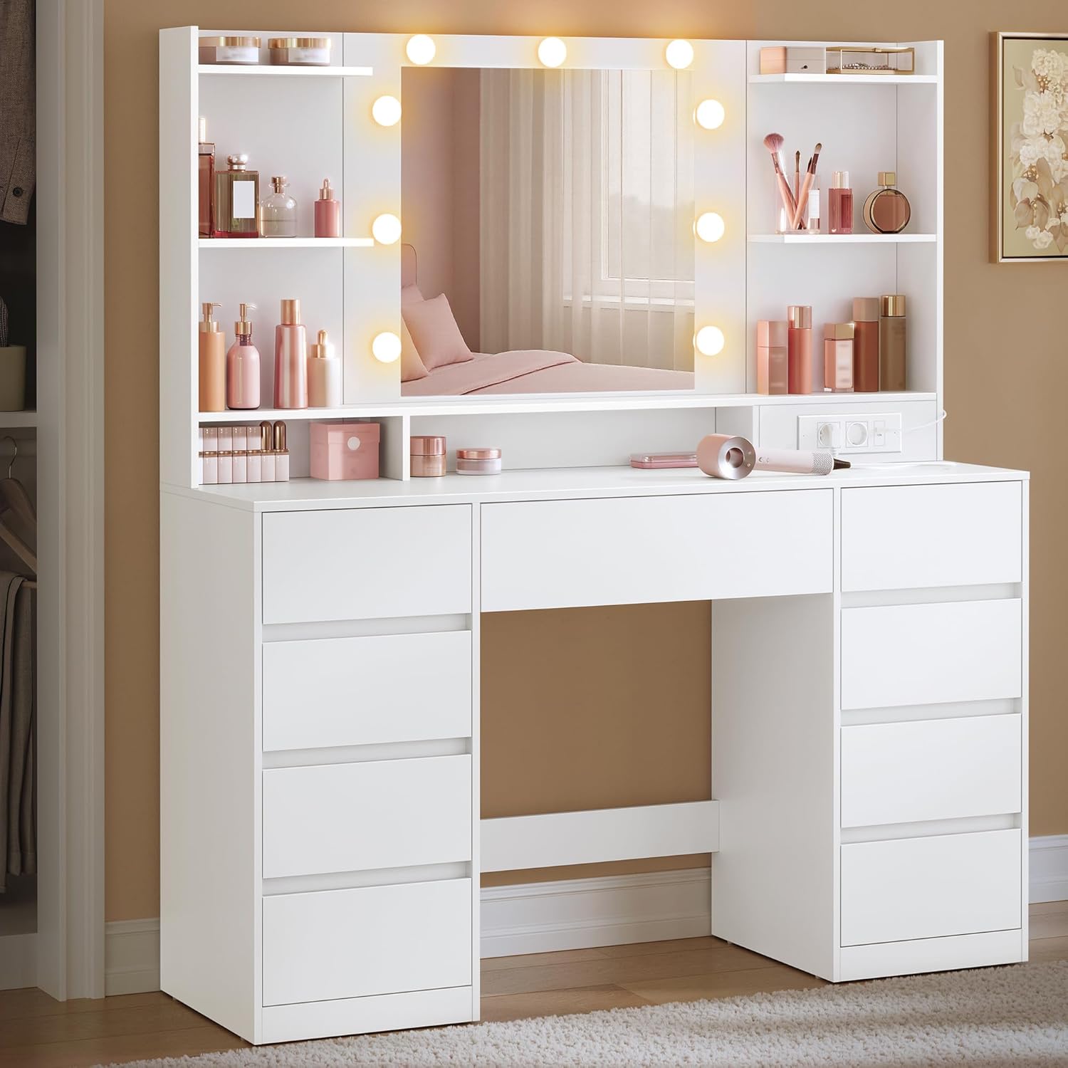 Kailyn Collection - Coiffeuse avec Miroir LED, Multiprise, 9 Tiroirs, RDT141WB02