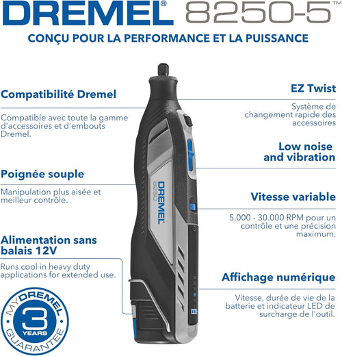 8250 Outil rotatif sans fil 12 V 5 000-30 000 tr/min Kit d'outils multifonctions sans balais avec boîte Dremel