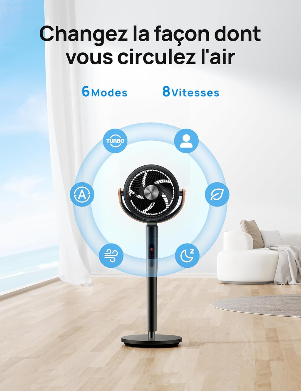 Smart Ventilateur sur Pied 25dB Silencieux, avec Télécommande, 6 Modes, 8 Vitesses, Compatible avec Alexa