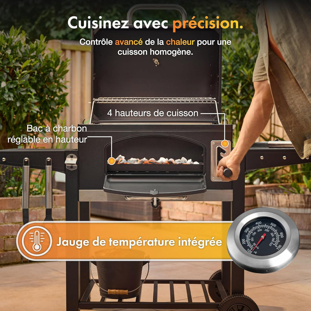 Barbecue au Charbon XL – avec Grille de Maintien au Chaud, Tablettes Rabattables, Thermomètre, Roues