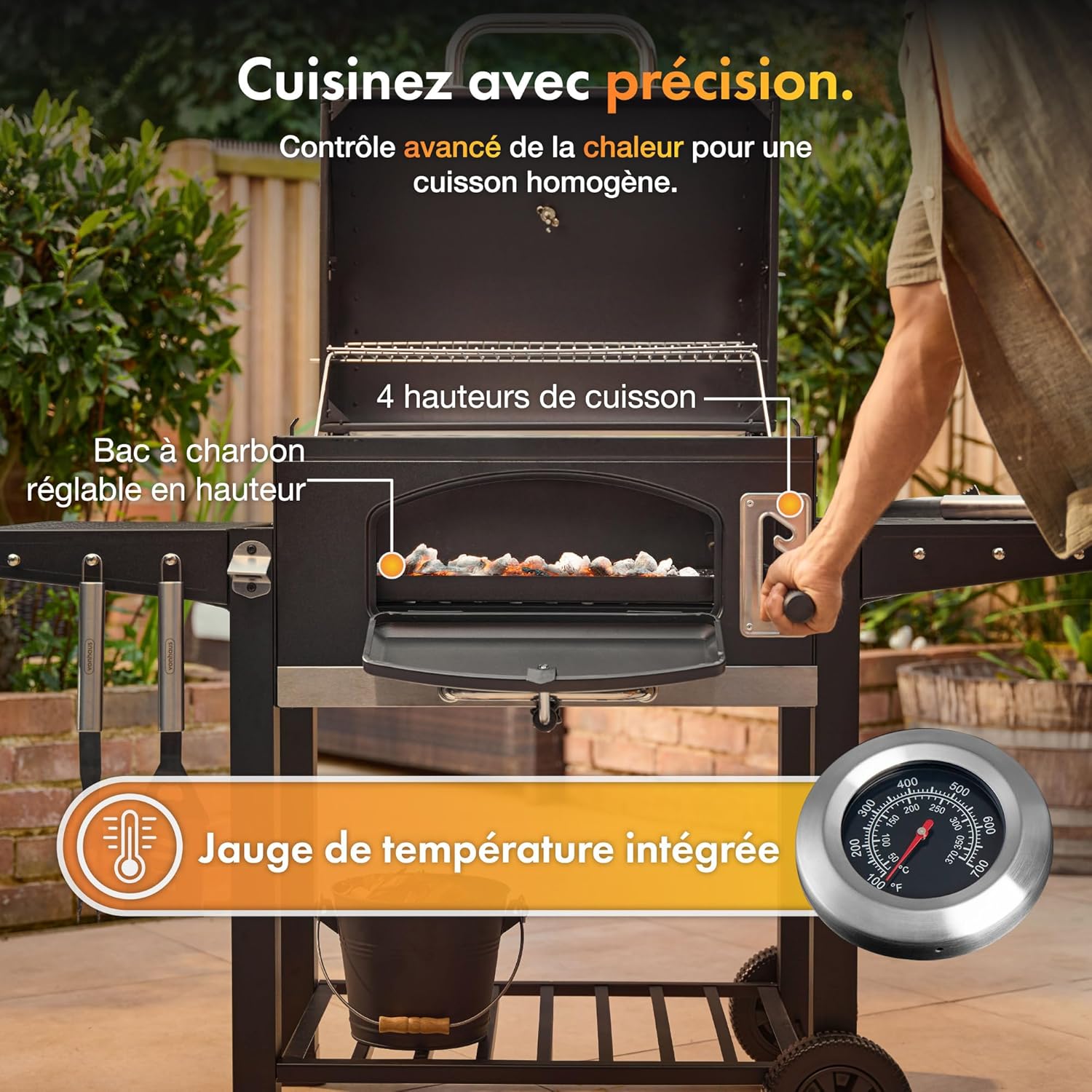 Barbecue au Charbon XL – avec Grille de Maintien au Chaud, Tablettes Rabattables, Thermomètre, Roues