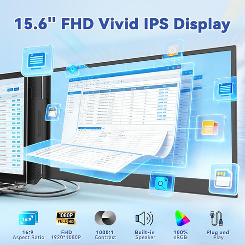 15,6" Extension d’écran pour Ordinateur Portable, Triple écran Portable IPS FHD 1080P Ultra-Fin