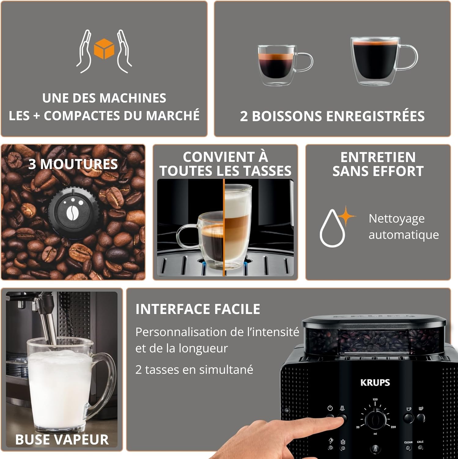 Machine à café grain, Nettoyage automatique, Buse vapeur pour Cappuccino, YY8125FD, Noir