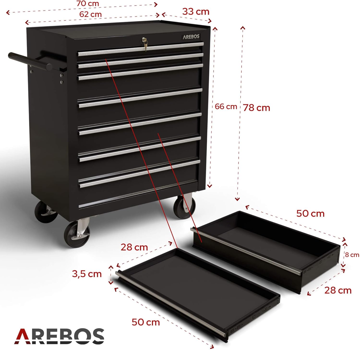 Chariot d'atelier - 7 Tiroirs Verrouillable, 4 roulettes, Tapis antidérapants