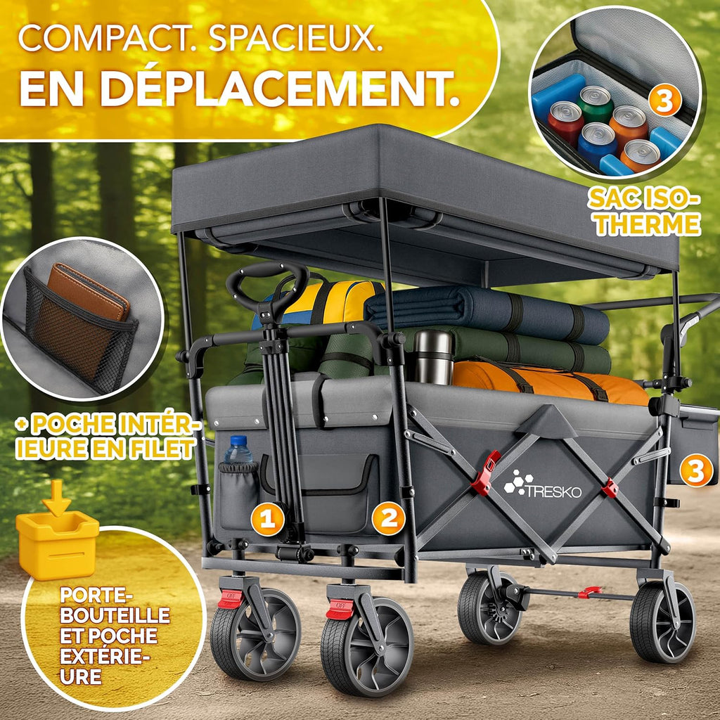 Chariot de transport pliable avec toit, compartiment isotherme et stores latéraux