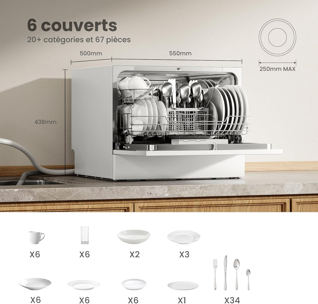 TD602E-W Lave-vaisselle compact pose libre, écran LED, 6,5 litres, blanc