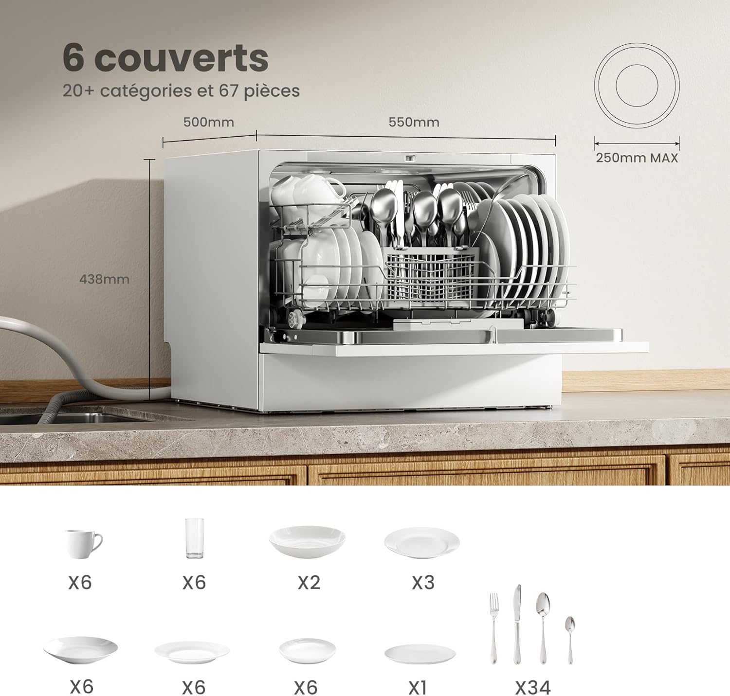 TD602E-W Lave-vaisselle compact pose libre, écran LED, 6,5 litres, blanc