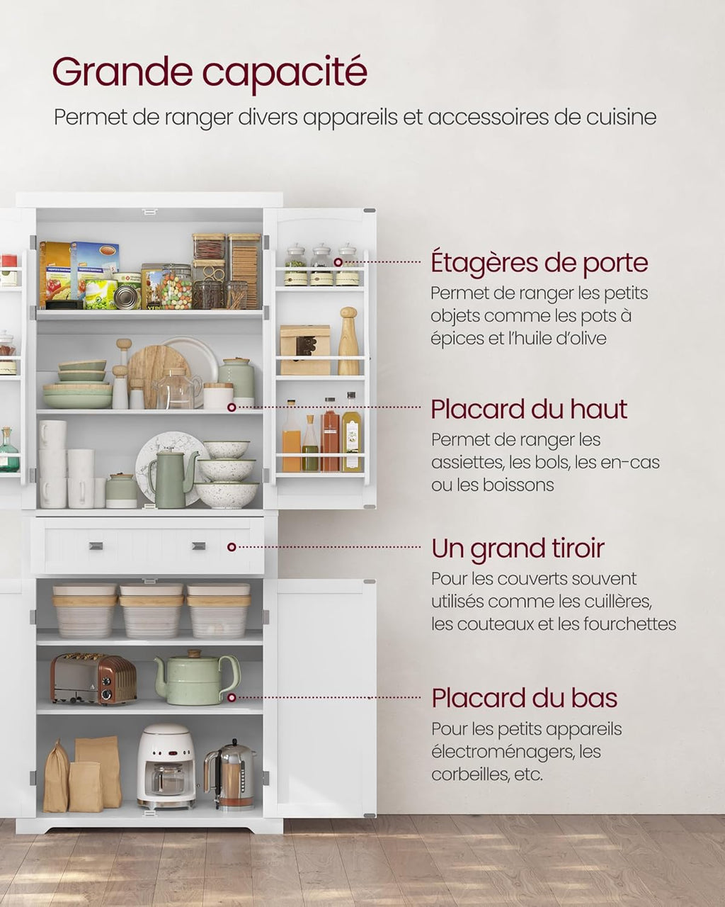 Buffet Haut Cuisine, Meuble de Rangement, avec Tiroir, Placards, Étagères Réglables, Blanc BBC561W21