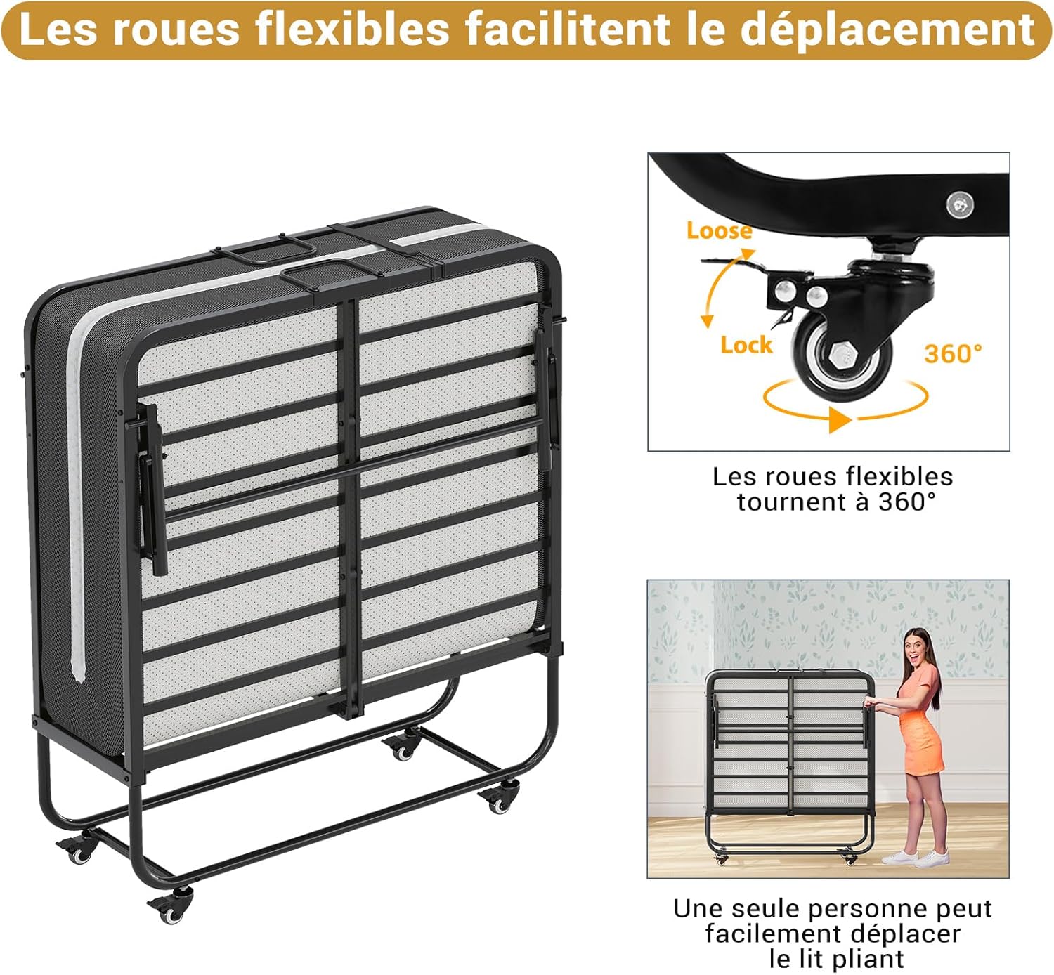 Lit Pliant 1 Personne 90x200 cm avec Matelas et 4 roulettes, Noir