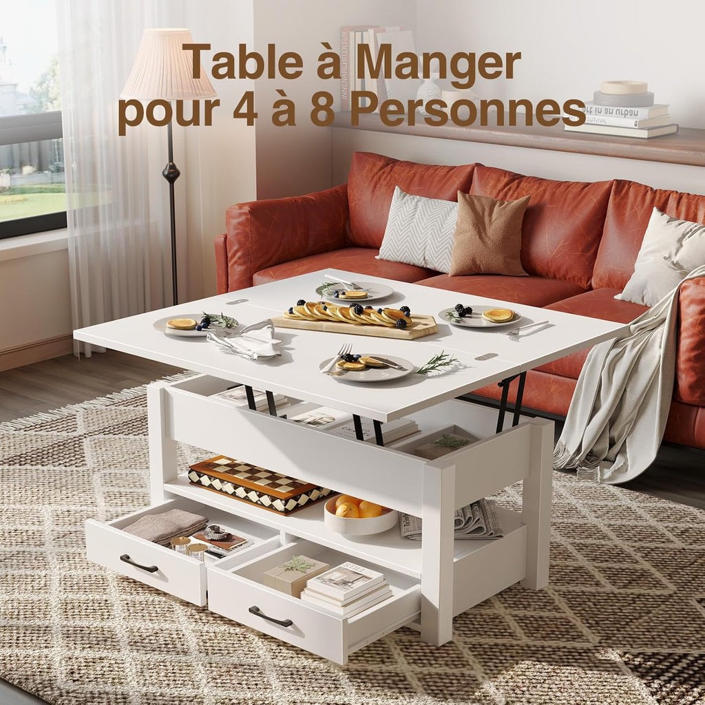 Table Basse Relevable et Extensible en Bois – avec Tiroir, Rangement Caché et Compartiment Ouvert
