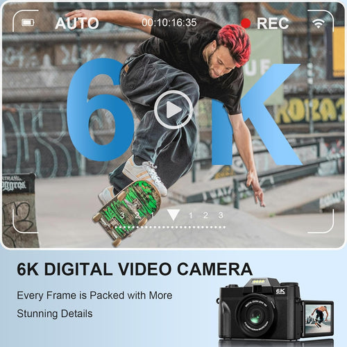 Appareil Photo Numérique 6K 64MP avec WiFi, Carte TF 64 Go, Microphone, Autofocus