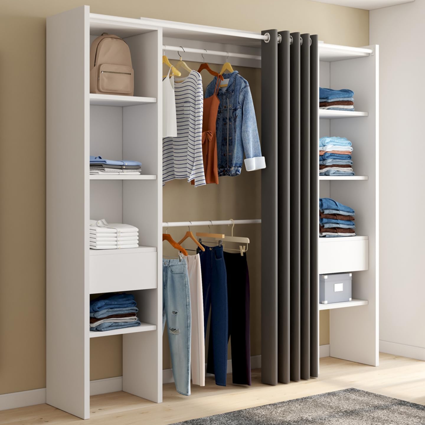 Dressing extensible double MERYL 120/180 x 50 x 180 cm, avec étagères + double penderie