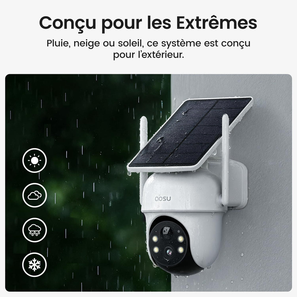 2K Camera Surveillance WiFi Exterieure Sans Fil Solaire, Kit de 4 Caméras & aosuBase