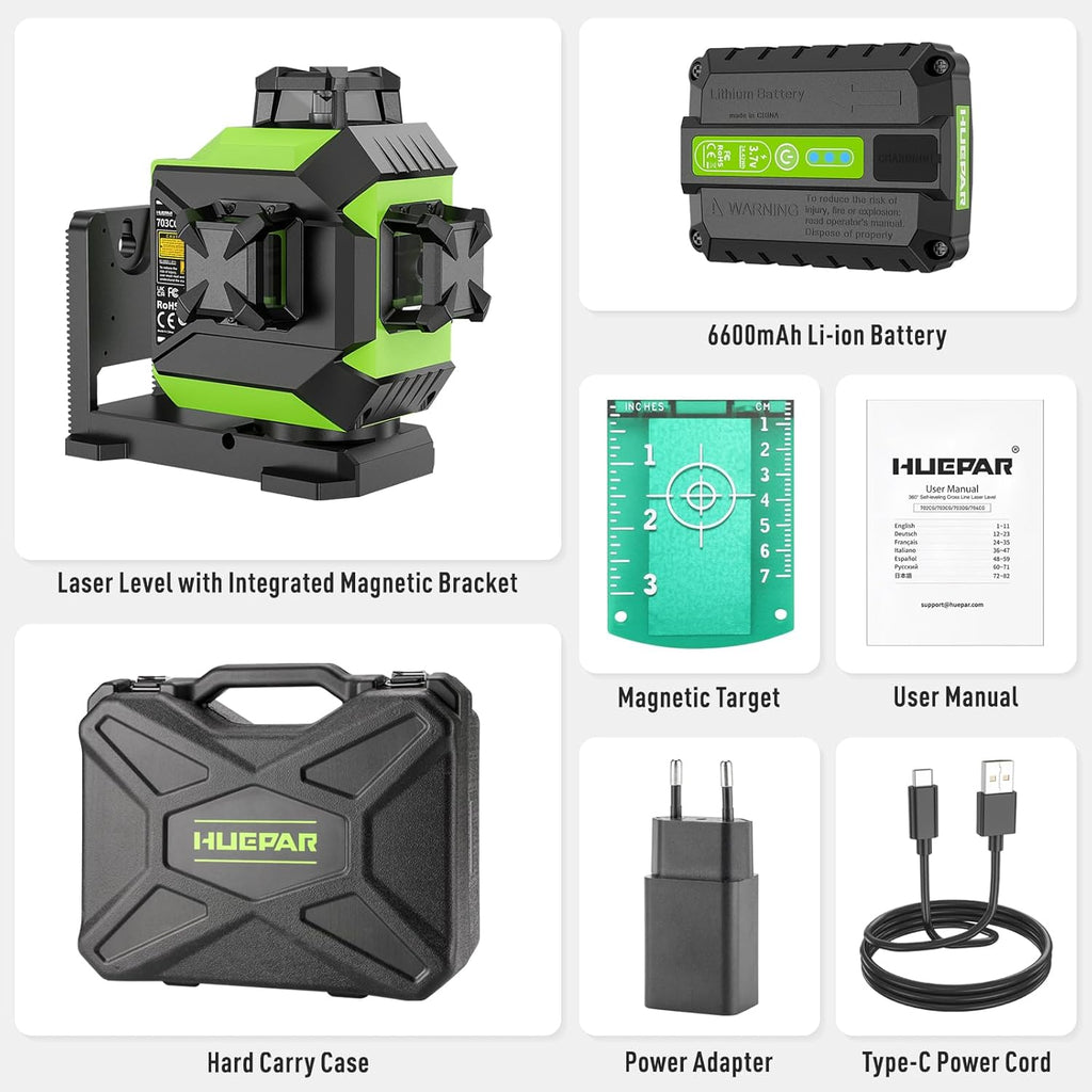 Niveau Laser 360 Vert 3D Auto-Nivelant Laser 12 Lignes Croisé avec Luminosité Réglable Laser et Mode Impulsion
