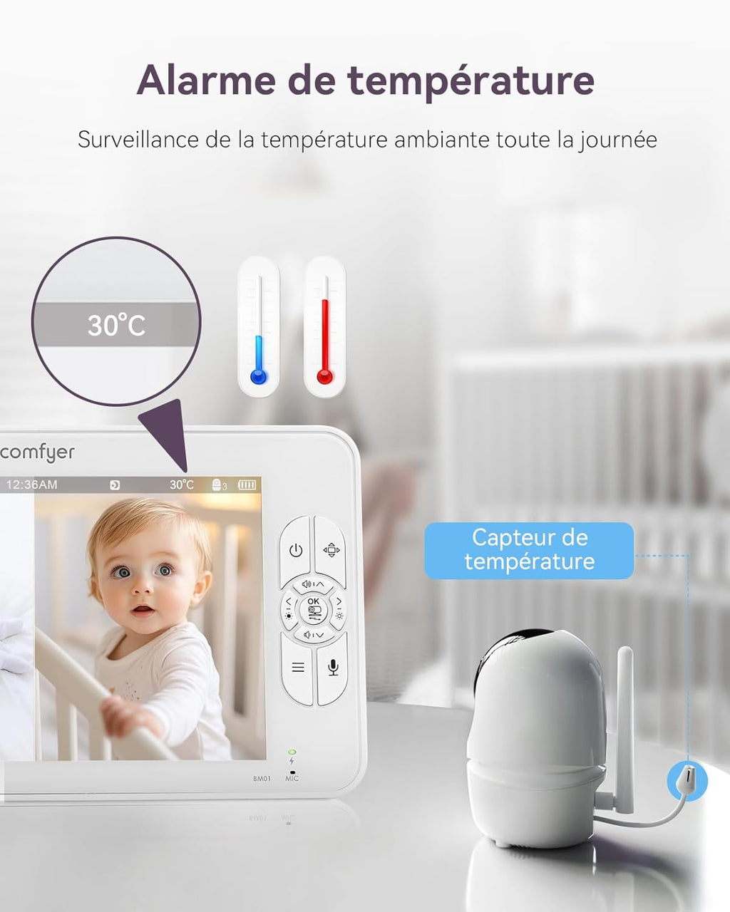 BM01 Babyphone - 2 Caméras 1080P, 7″ Écran Divisé, Moniteur Bébé sans WiFi, PTZ à Distance