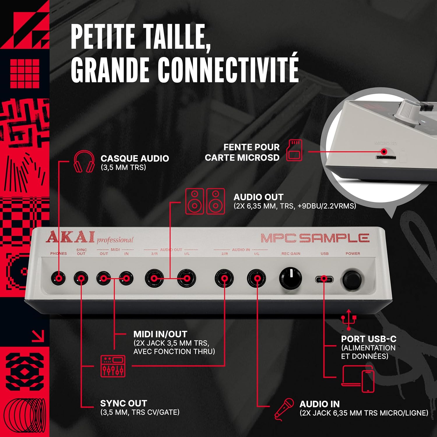 Professional MPC Sample - Portable Autonome avec Batterie Rechargeable, USB-C, Haut-Parleur et Micro