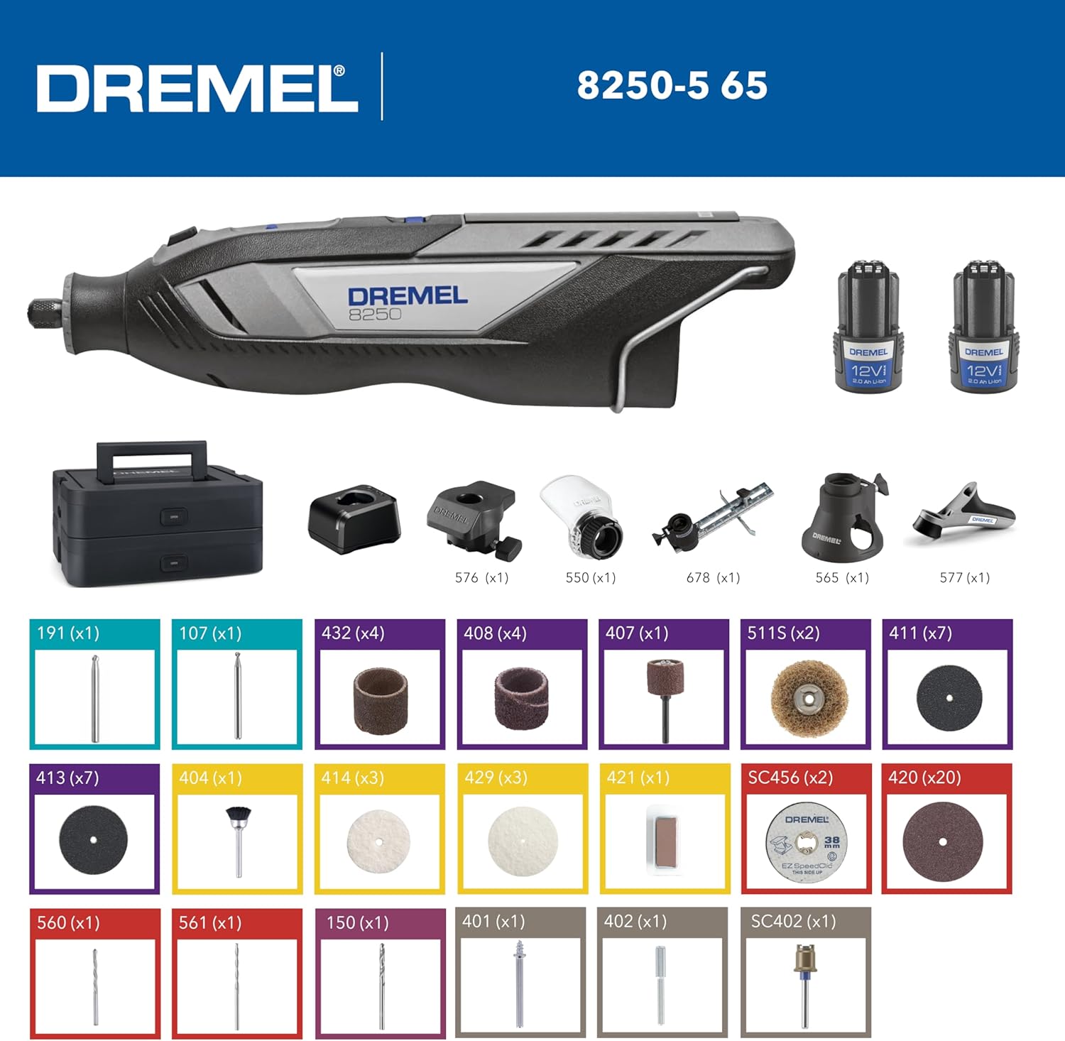 8250 Outil rotatif sans fil 12 V 5 000-30 000 tr/min Kit d'outils multifonctions sans balais avec boîte Dremel