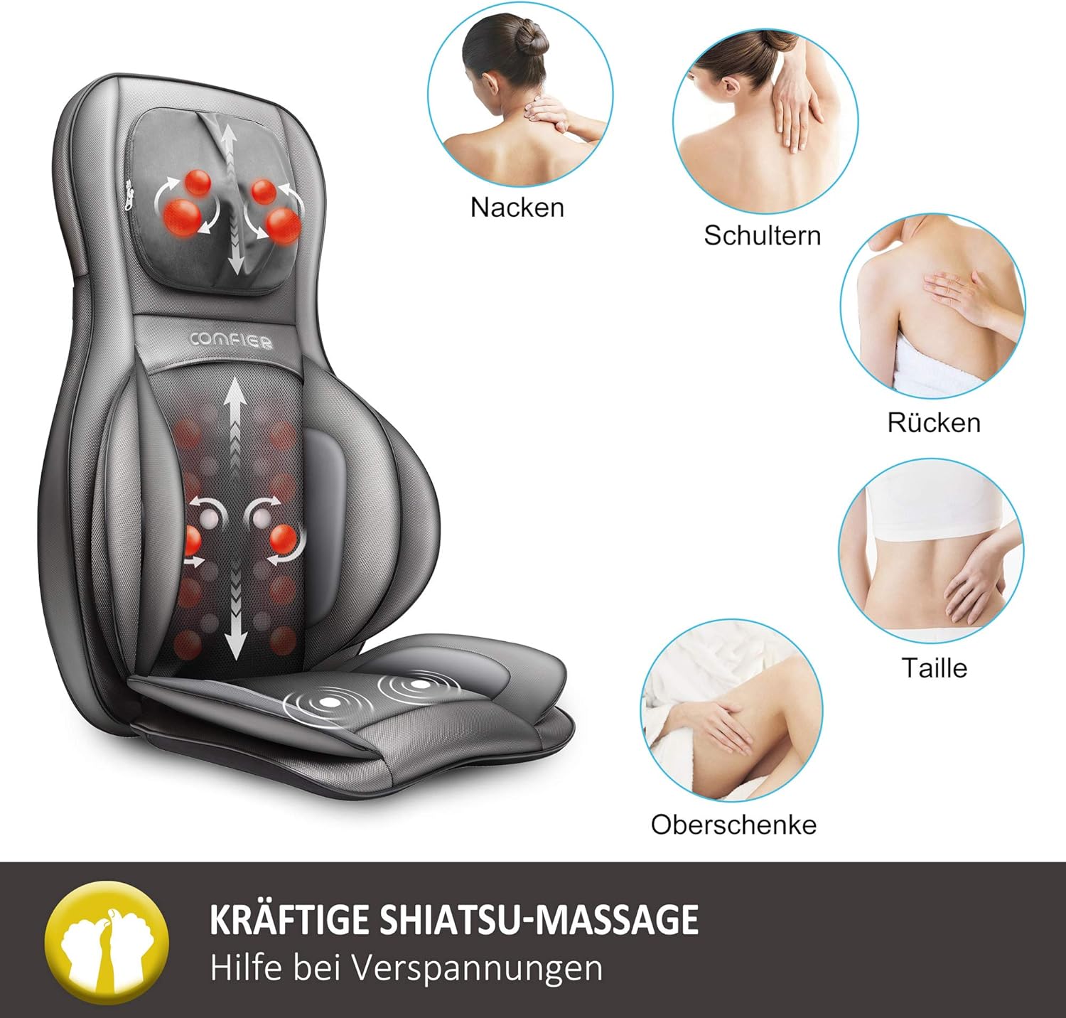 Siège Massant Shiatsu avec Compression et Roulement - Masseur de Dos avec Chaleur