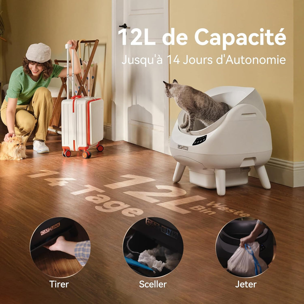 Litière Autonettoyante pour Chat, Avec Dessus Ouvert, Connexion 5 GHz, Grande Capacité 12L