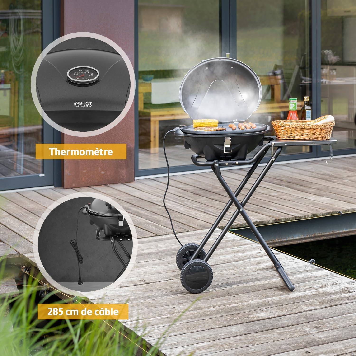 Barbecue électrique 2 en 1 de table & sol 2400W, avec thermomètre et plateau ramasse-graisse