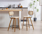 Tabourets de bar en rotin et bois - ensemble de deux pièces, avec coussins en cuir PU, beige