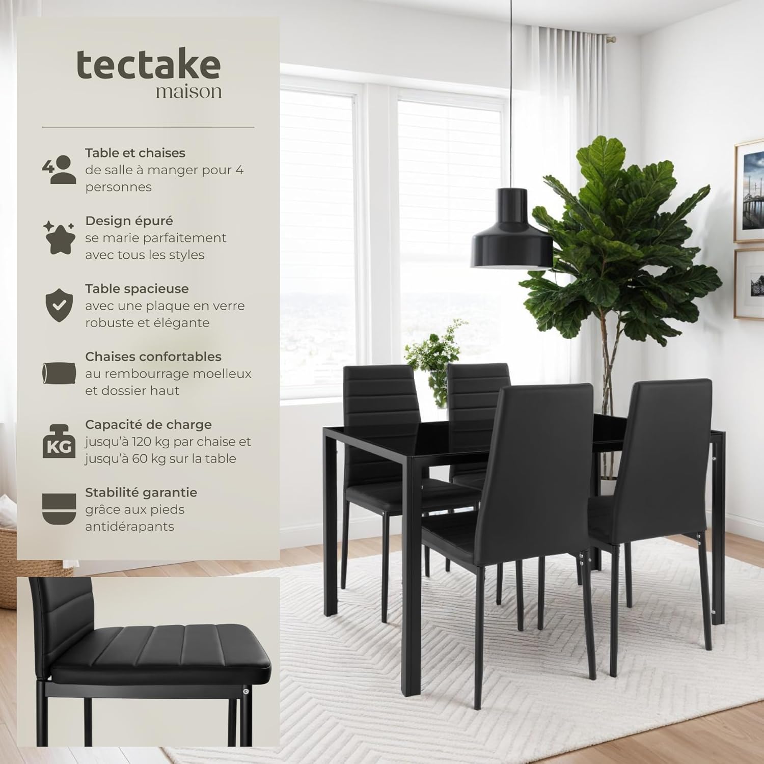 Ensemble Table Salle à Manger avec 4 Chaises Design - Noir