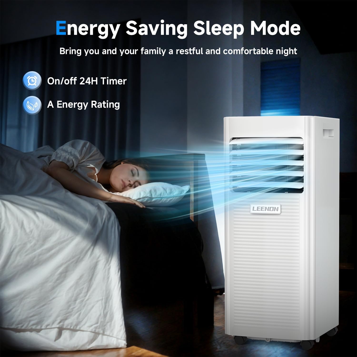 Climatiseur Mobile 9000 BTU, 4 en 1 avec Déshumidificateur et Mode Sommeil, Kit Fenêtre Fourni