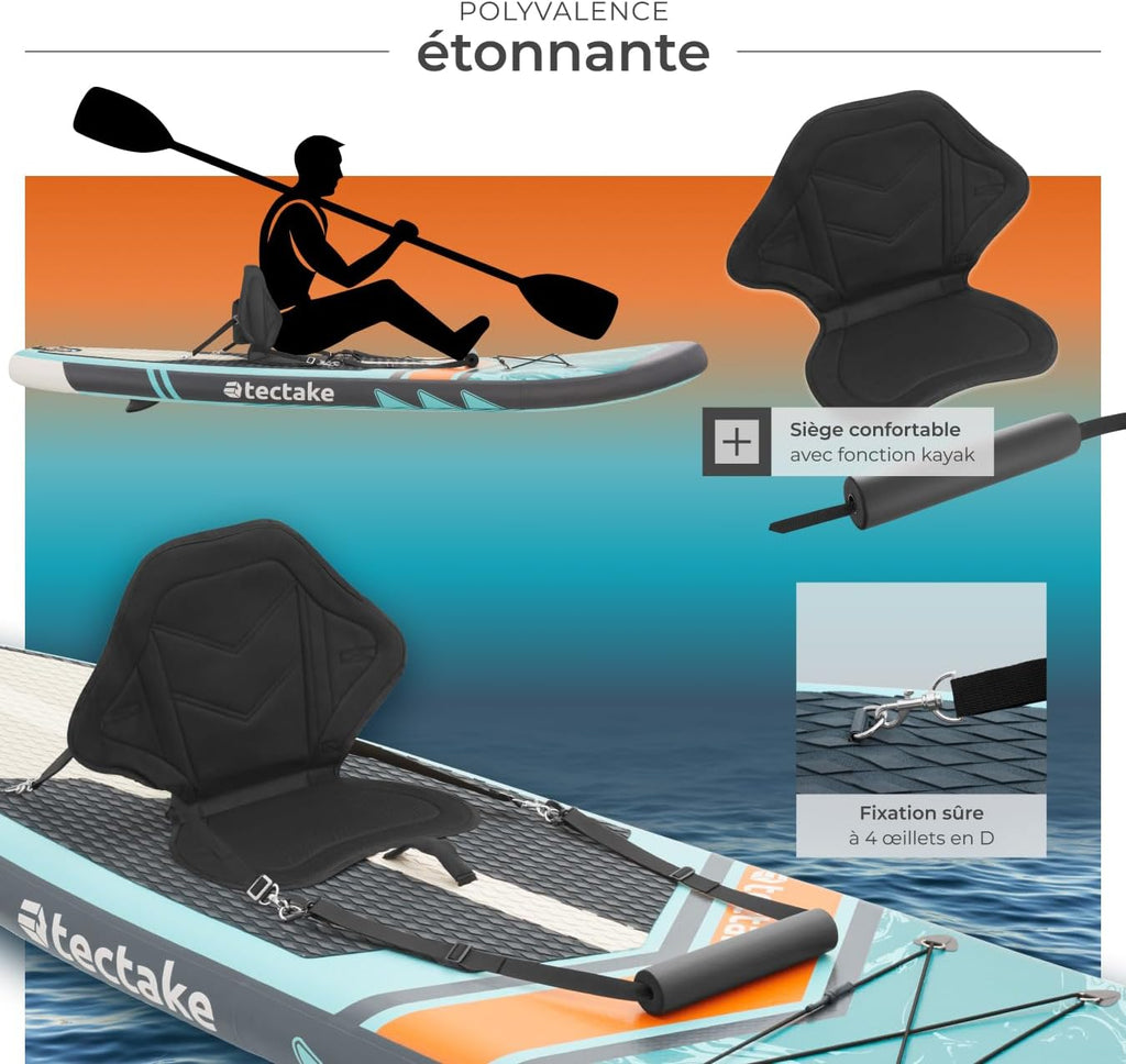 Planche de Stand-up Paddle Gonflable Adulte 2-en-1, Siege Paddle détachable, Pompe, 3 Ailerons