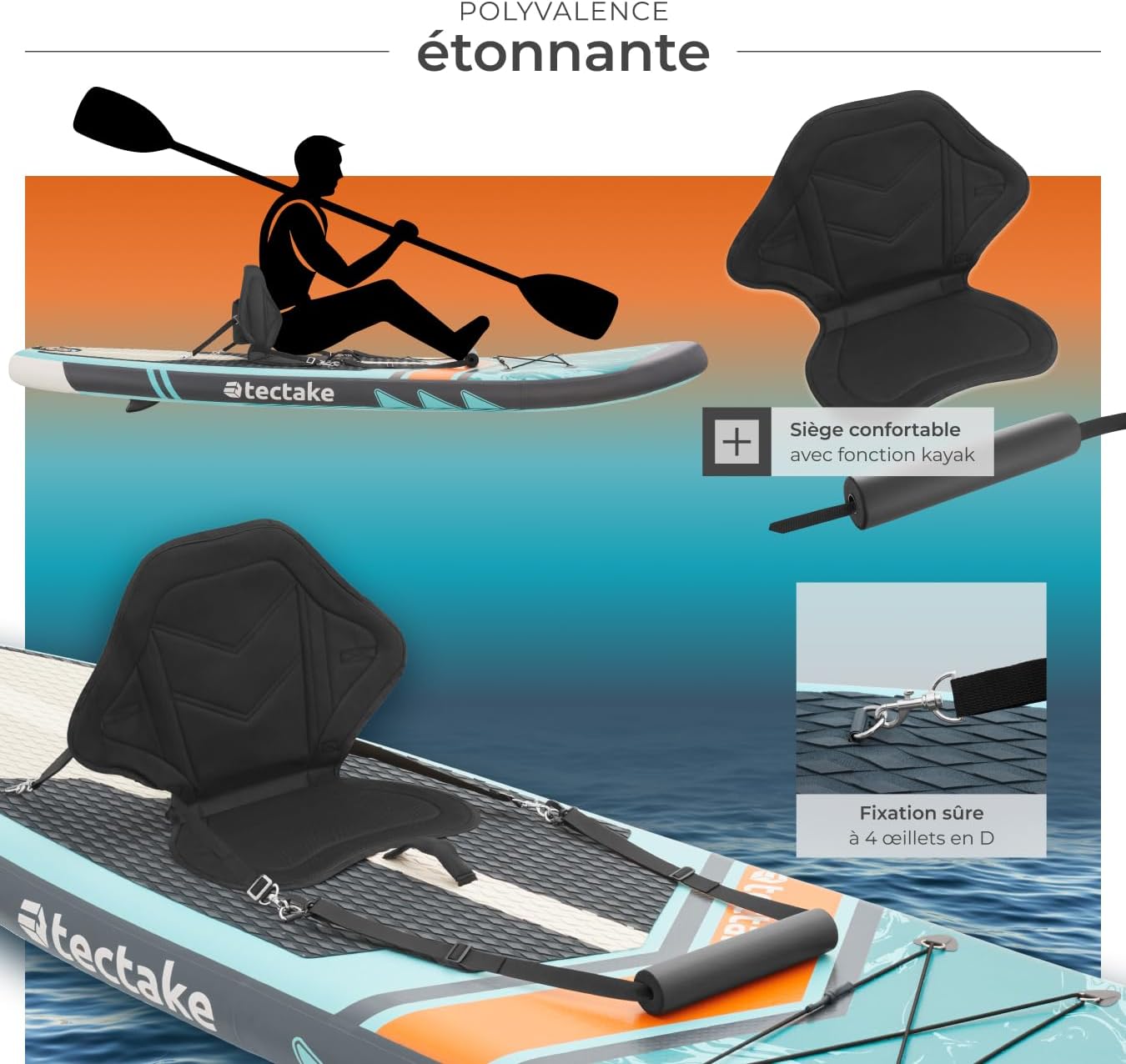 Planche de Stand-up Paddle Gonflable Adulte 2-en-1, Siege Paddle détachable, Pompe, 3 Ailerons