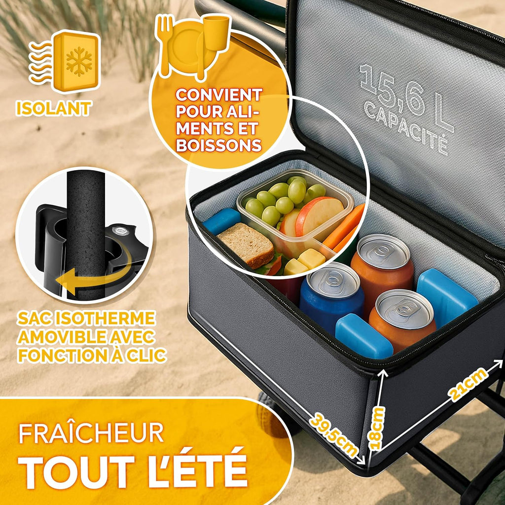 Chariot de transport pliable avec toit, compartiment isotherme et stores latéraux